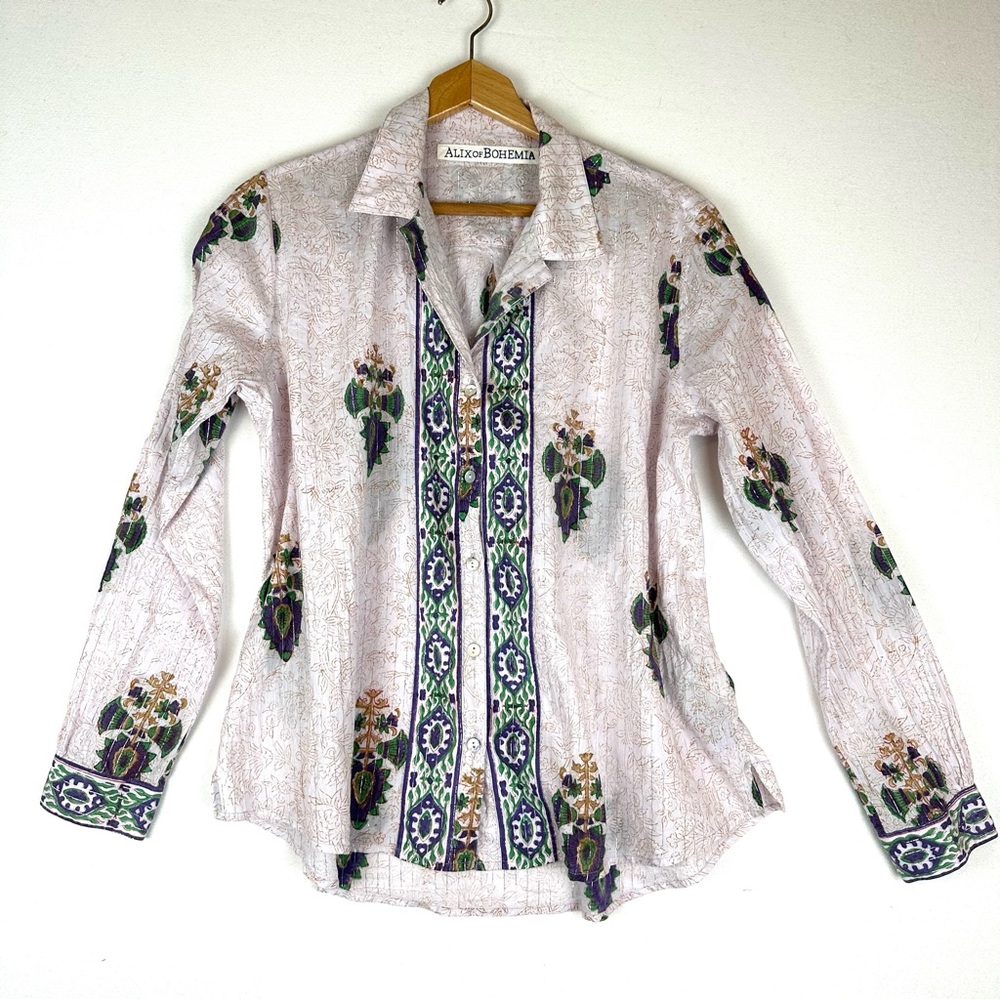 Alix of Bohemia Button Down Print on Print Lurex Stripe Shirt